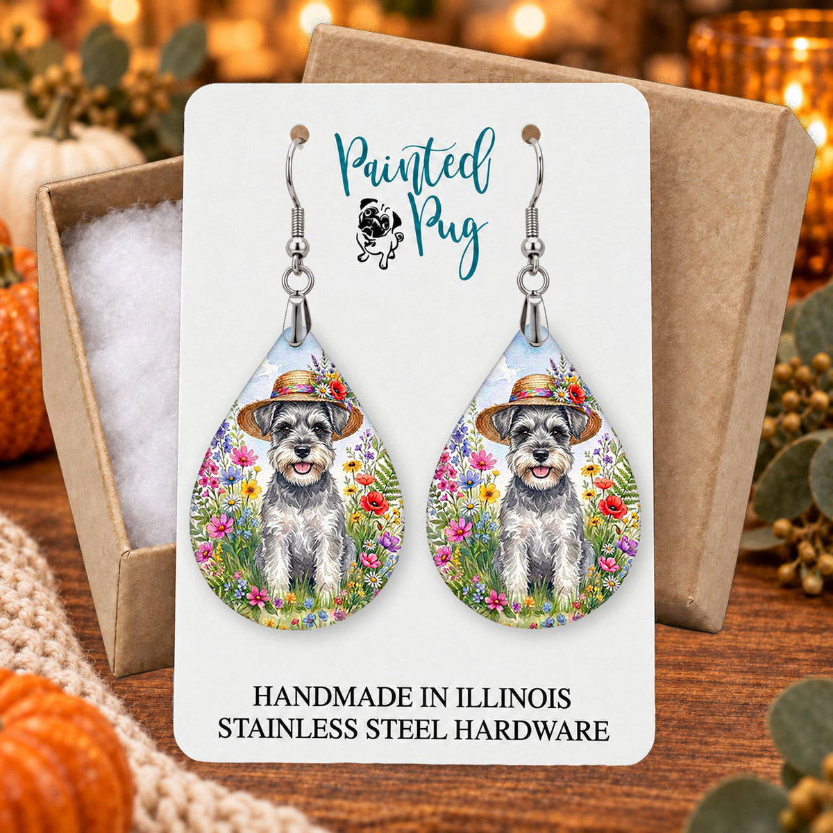 Schnauzer wildflower teardrop earrings gift boxed on a seasonal background