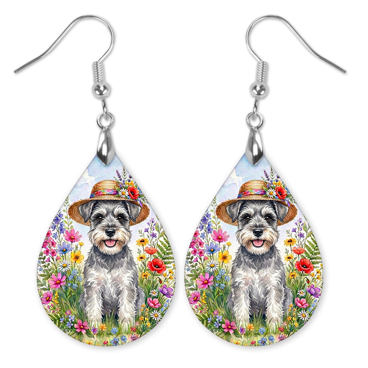 Schnauzer in a straw hat among wildflowers teardrop earrings with silver-tone hooks