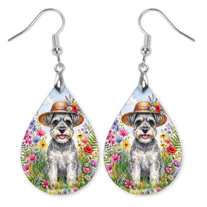 Schnauzer in a straw hat among wildflowers teardrop earrings with silver-tone hooks
