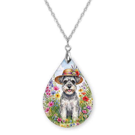 Schnauzer wildflower teardrop pendant necklace on a silver-tone chain