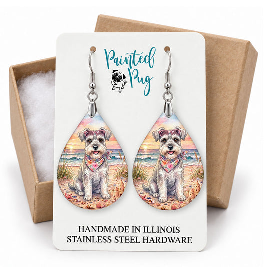 Schnauzer beach teardrop earrings on a Painted Pug earring card with a kraft gift box