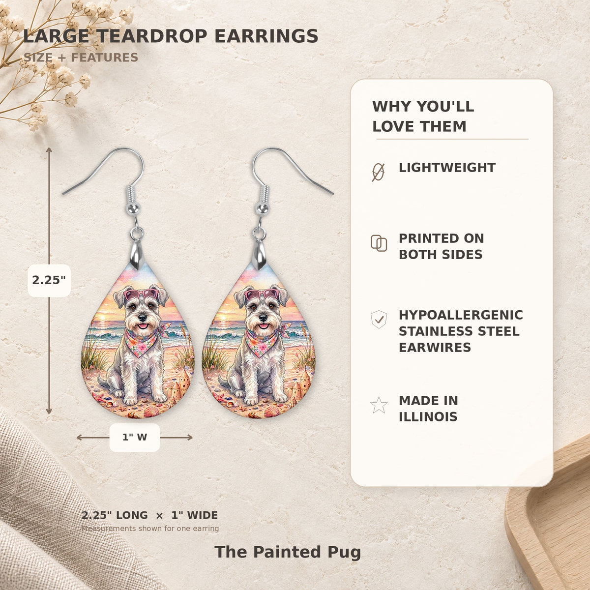 Size and features guide for the Schnauzer beach teardrop earrings, 2.25 inches long by 1 inch wide