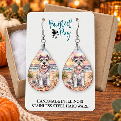Schnauzer beach teardrop earrings gift boxed on a seasonal background