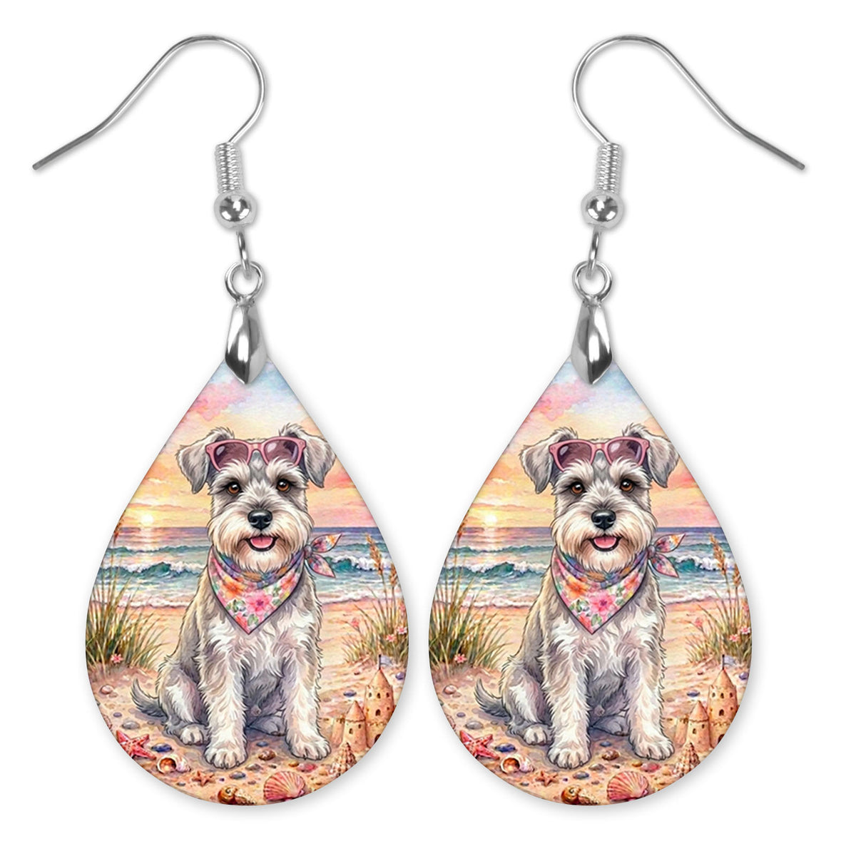 Schnauzer in sunglasses on the beach teardrop earrings with silver-tone hooks