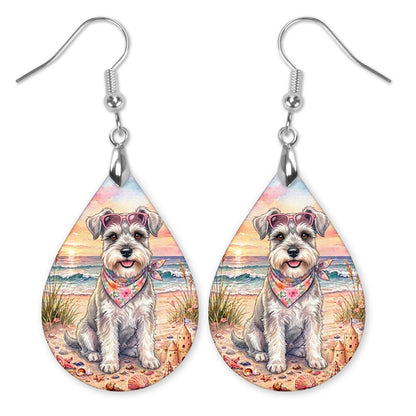 Schnauzer in sunglasses on the beach teardrop earrings with silver-tone hooks