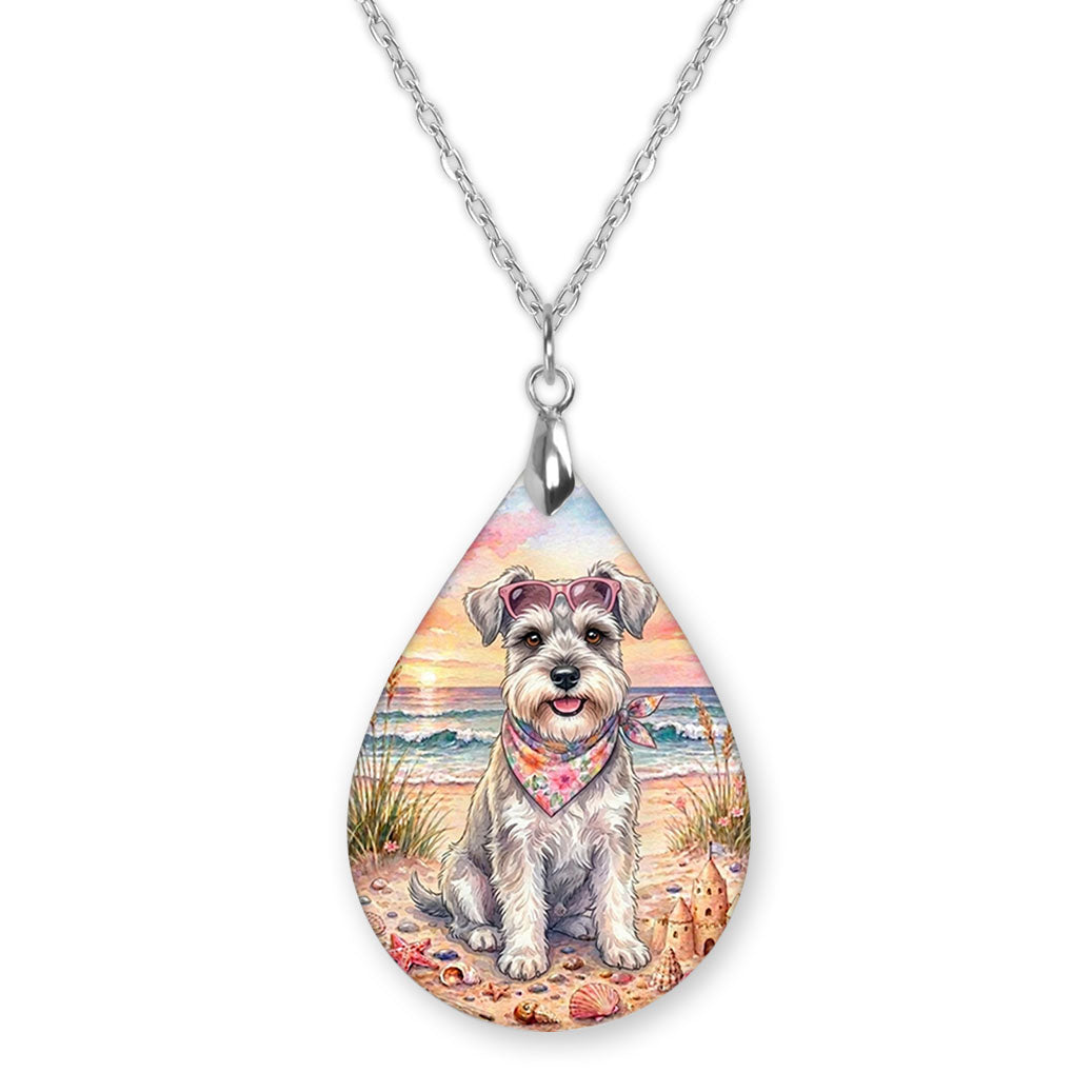 Schnauzer beach teardrop pendant necklace on a silver-tone chain