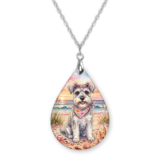 Schnauzer beach teardrop pendant necklace on a silver-tone chain