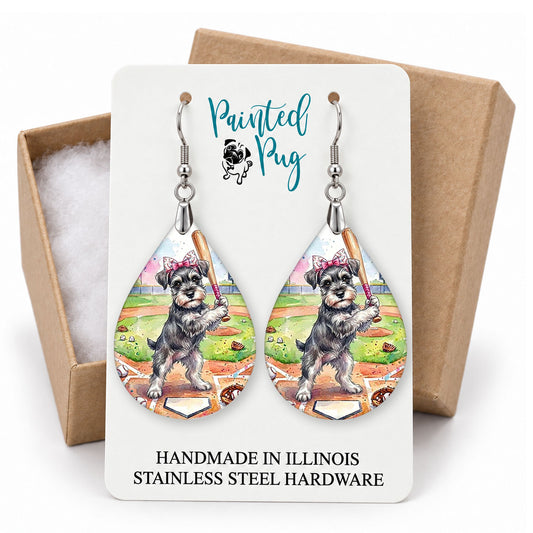 Schnauzer baseball teardrop earrings on a Painted Pug earring card with a kraft gift box