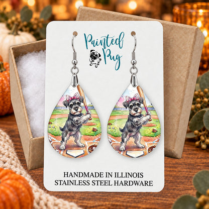 Schnauzer baseball teardrop earrings gift boxed on a seasonal background