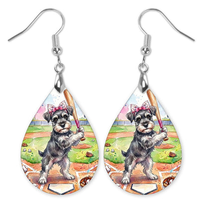Schnauzer swinging a bat at home plate teardrop earrings with silver-tone hooks