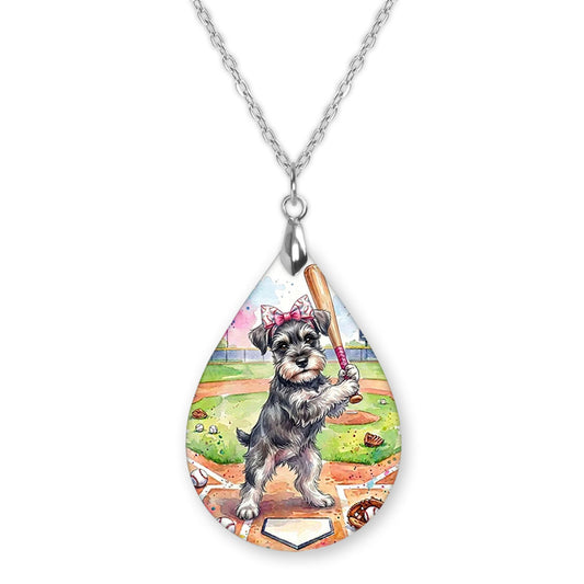 Schnauzer baseball teardrop pendant necklace on a silver-tone chain