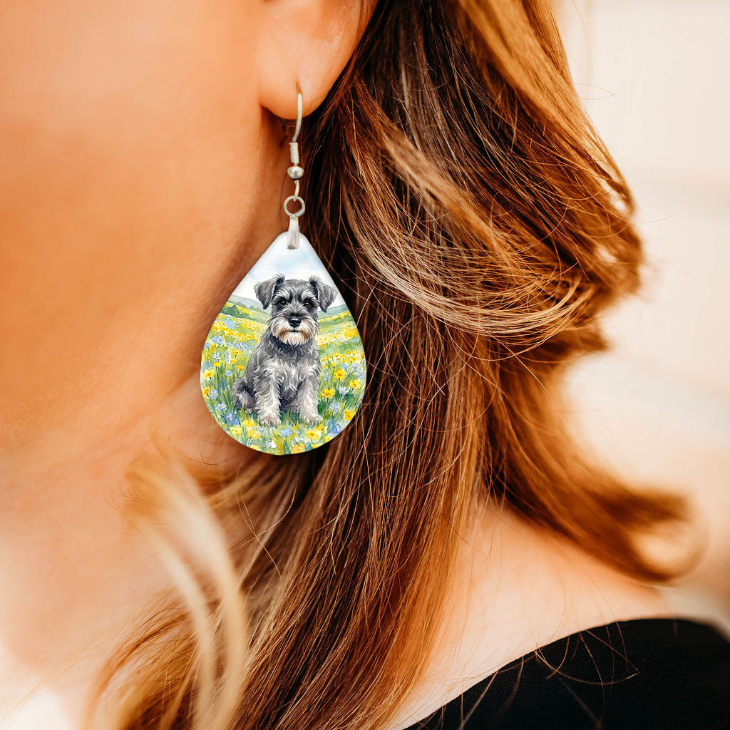 Model wearing Schnauzer spring meadow teardrop earrings