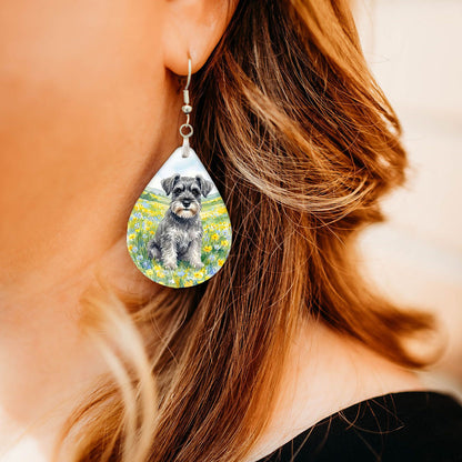 Model wearing Schnauzer spring meadow teardrop earrings