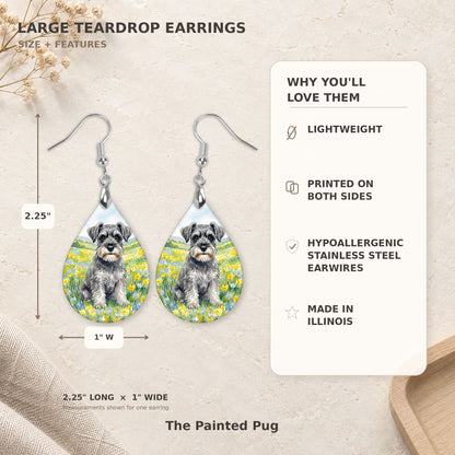 Size and features guide for the Schnauzer spring meadow teardrop earrings, 2.25 inches long by 1 inch wide