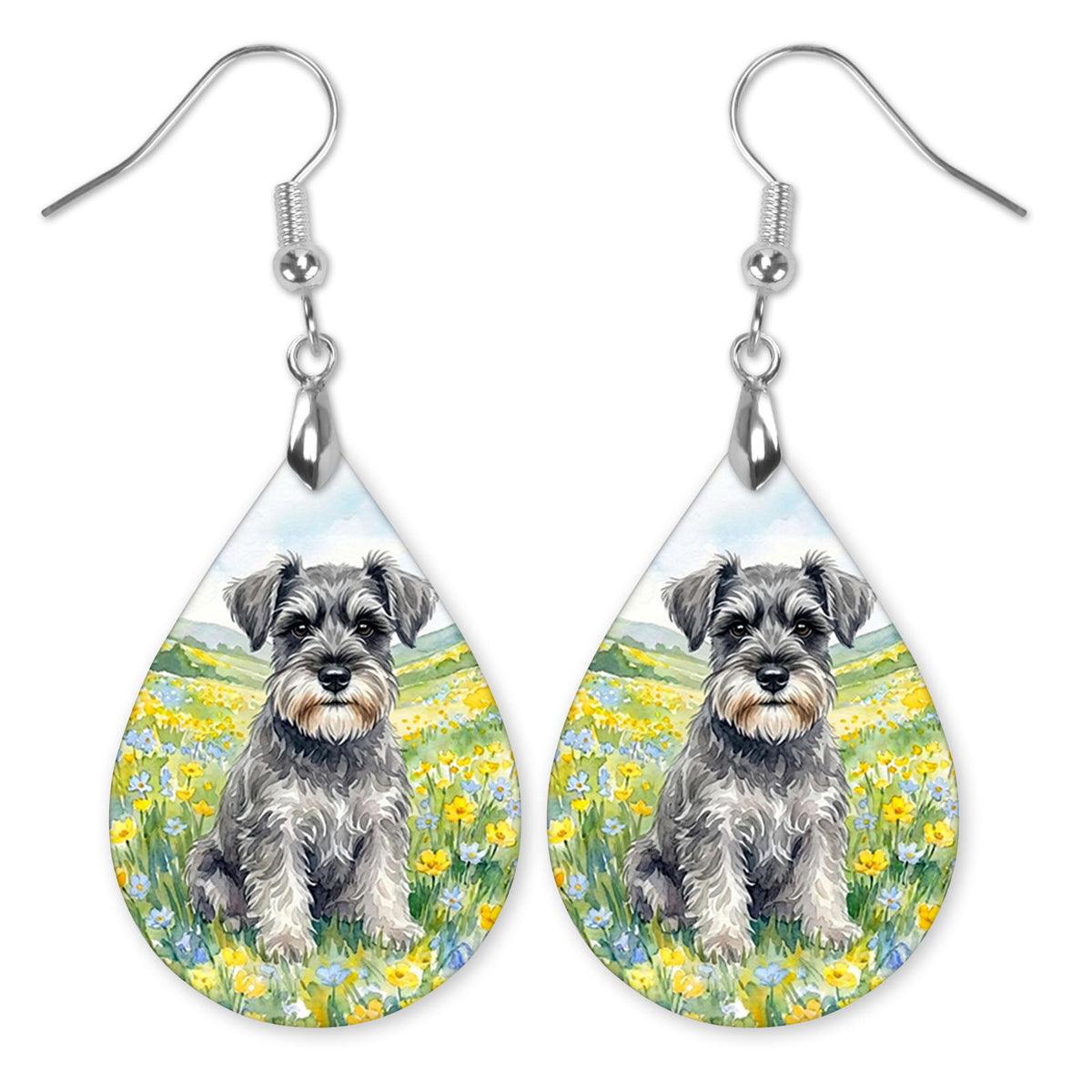 Schnauzer in a spring meadow teardrop earrings with silver-tone hooks