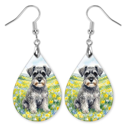 Schnauzer in a spring meadow teardrop earrings with silver-tone hooks