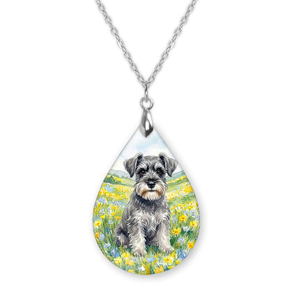 Schnauzer spring meadow teardrop pendant necklace on a silver-tone chain