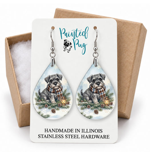 Schnauzer Winter Woodland teardrop earrings on a gift box card