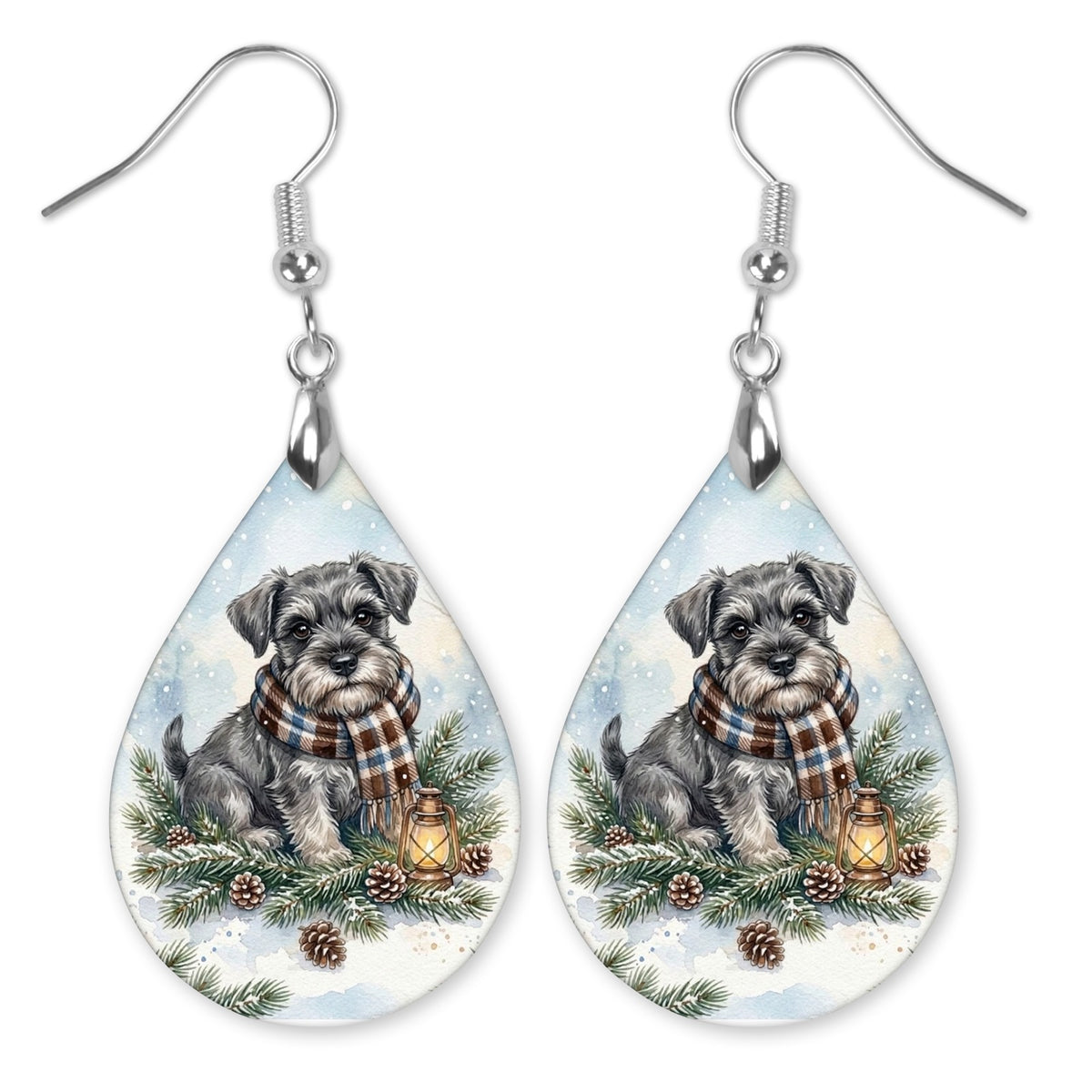 Schnauzer Winter Woodland teardrop earrings with silver-tone hooks