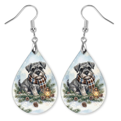 Schnauzer Winter Woodland teardrop earrings with silver-tone hooks