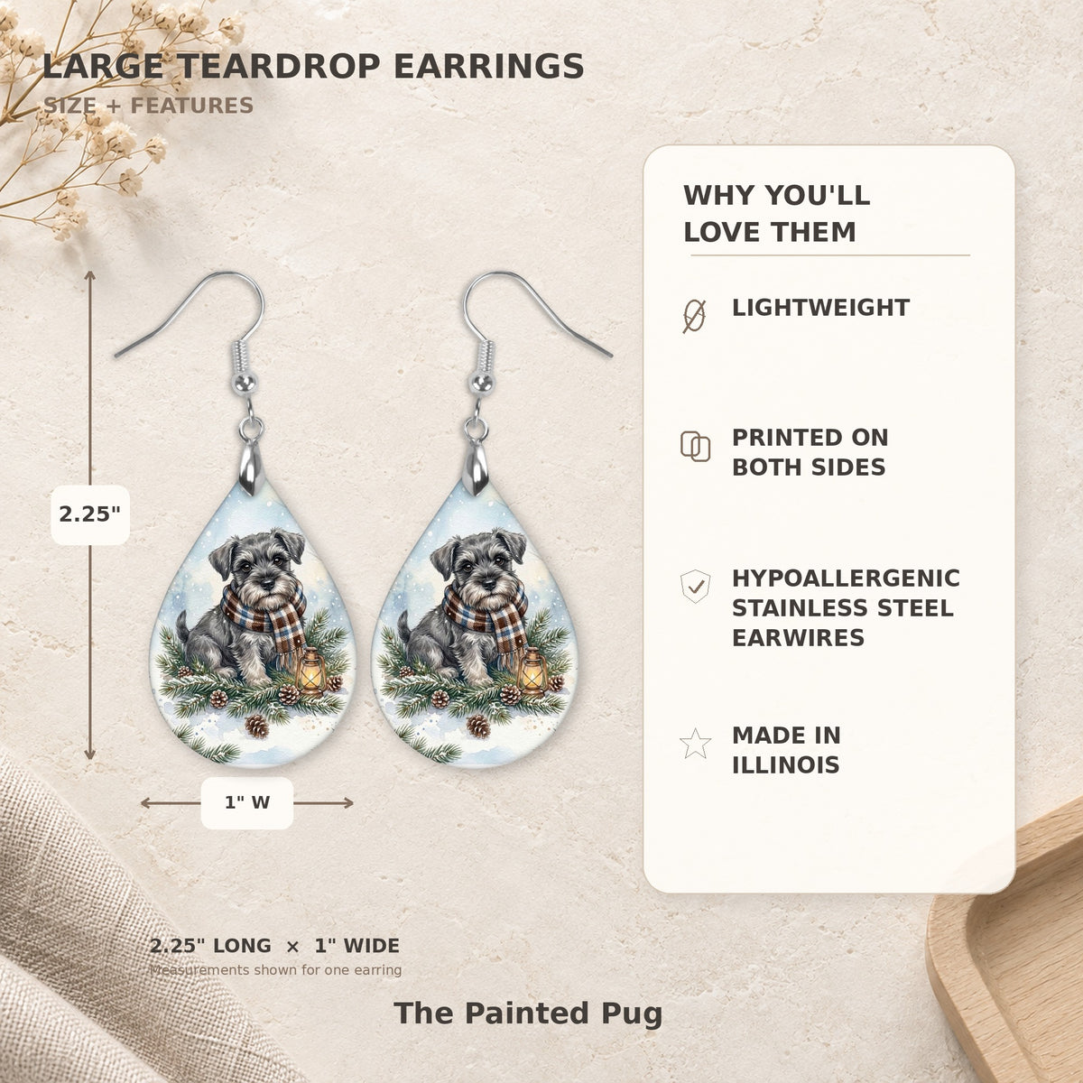 Earring size guide: 2.25 inches long with hook, 1 inch wide