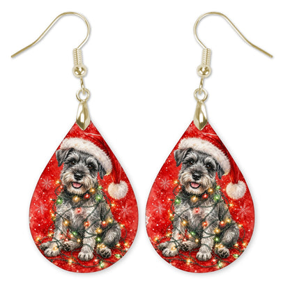 Schnauzer Christmas Lights teardrop earrings with gold-tone hooks