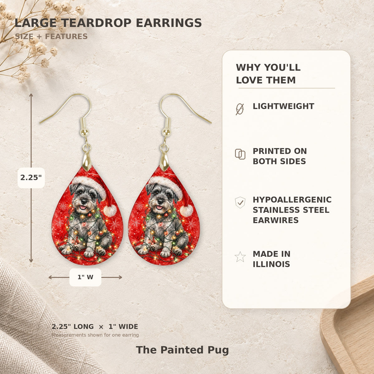 Earring size guide: 2.25 inches long with hook, 1 inch wide