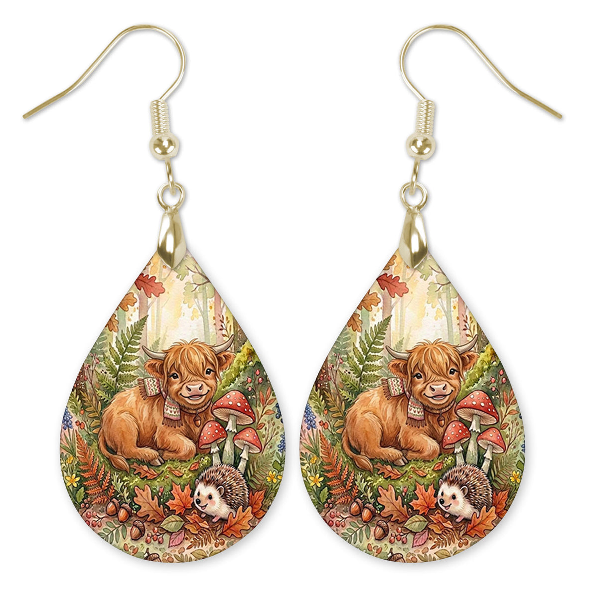 Highland Cow in an autumn woodland teardrop earrings with gold-tone hooks