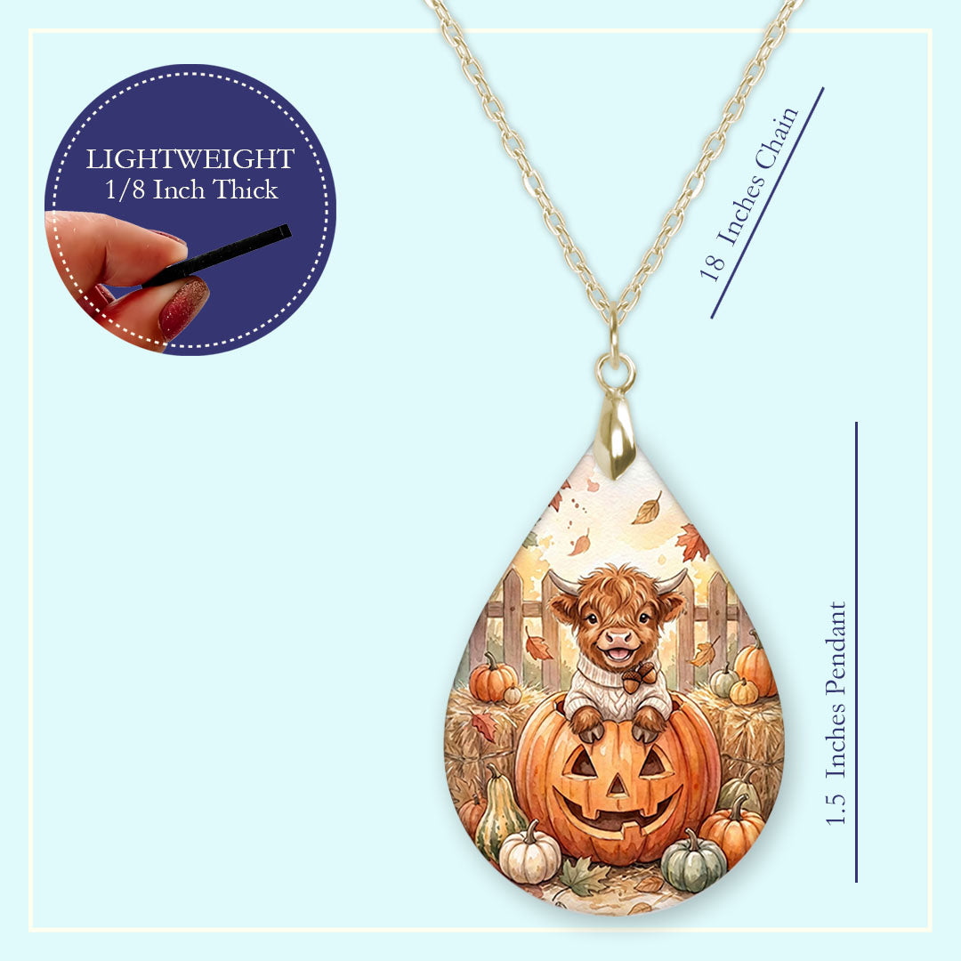 18 inch chain length guide for the Highland Cow pumpkin teardrop pendant necklace