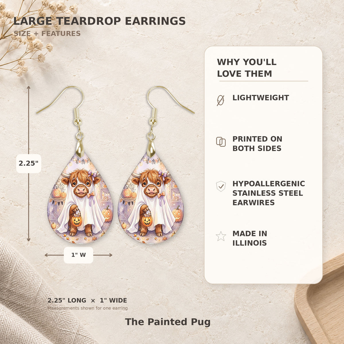 Size and features guide for the Highland Cow ghost teardrop earrings, 2.25 inches long by 1 inch wide