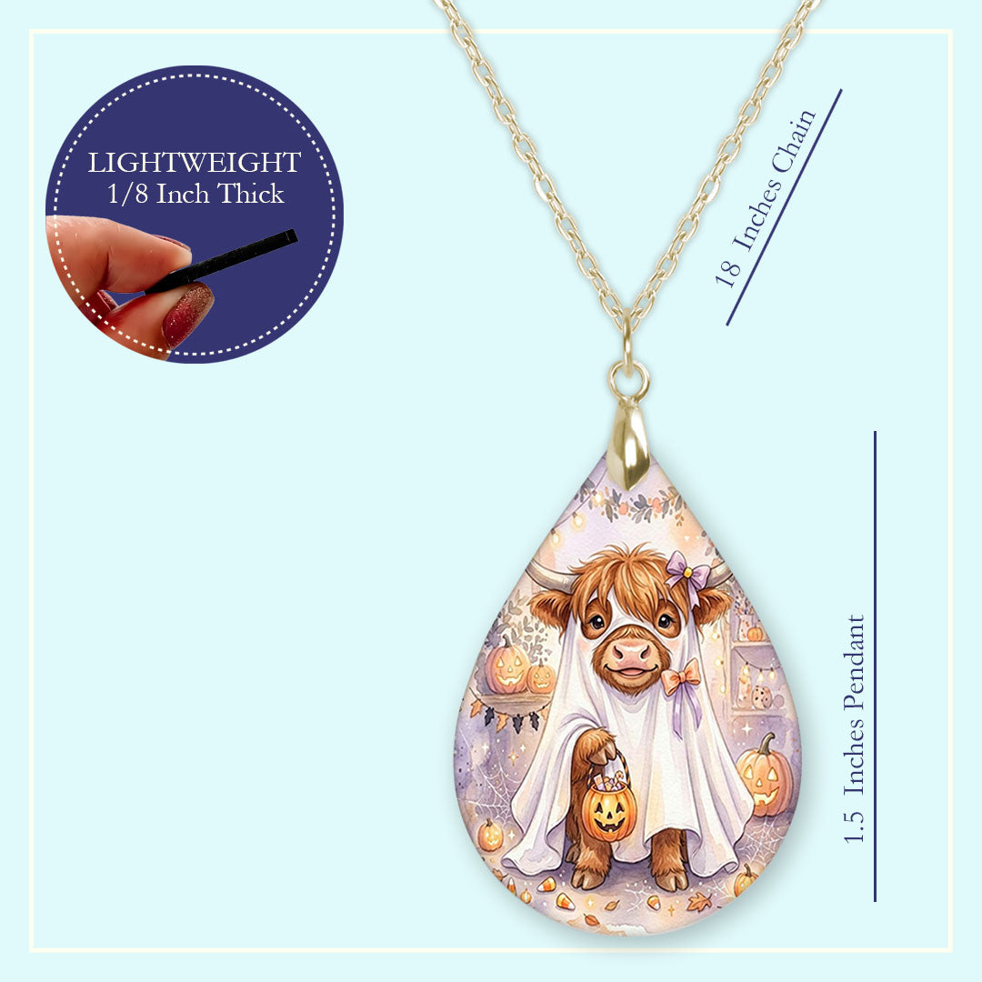 18 inch chain length guide for the Highland Cow ghost teardrop pendant necklace