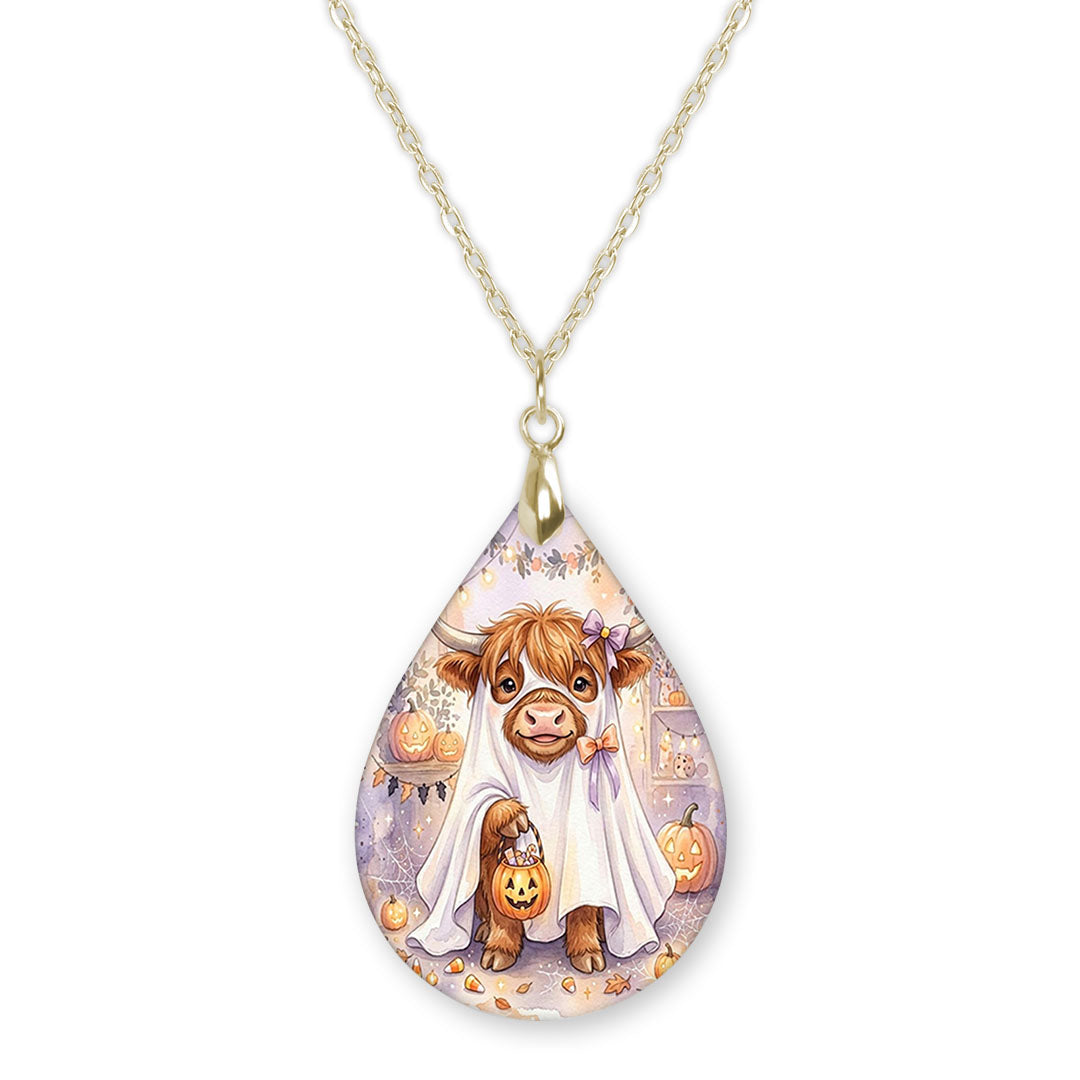 Highland Cow ghost teardrop pendant necklace on a gold-tone chain