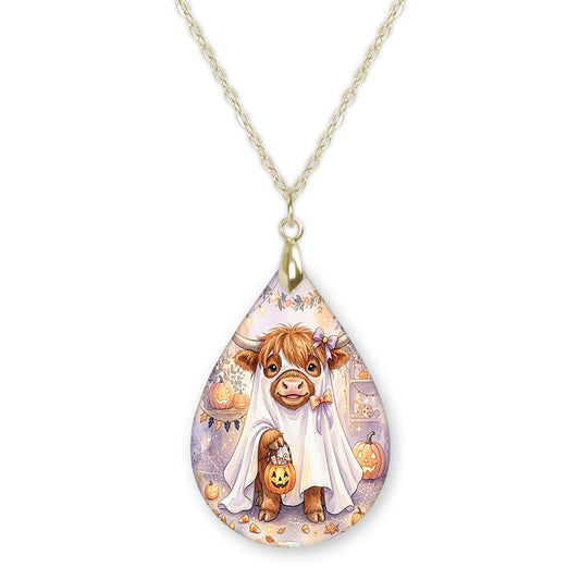 Highland Cow ghost teardrop pendant necklace on a gold-tone chain