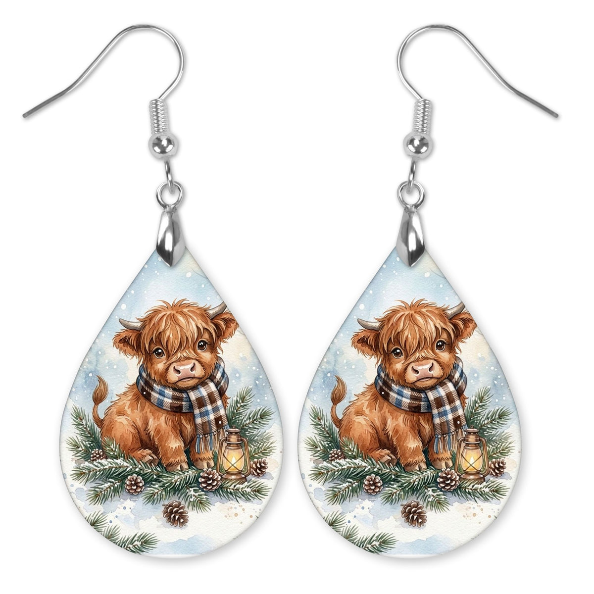 Highland Cow Winter Woodland teardrop earrings with silver-tone hooks
