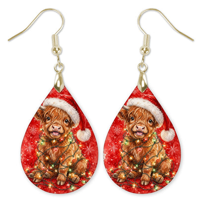 Highland Cow Christmas Lights teardrop earrings with gold-tone hooks