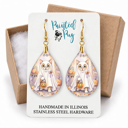 White Cat ghost teardrop earrings on a Painted Pug earring card with a kraft gift box