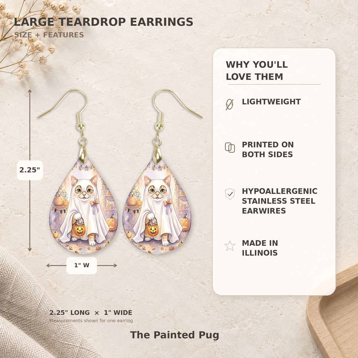 Size and features guide for the White Cat ghost teardrop earrings, 2.25 inches long by 1 inch wide