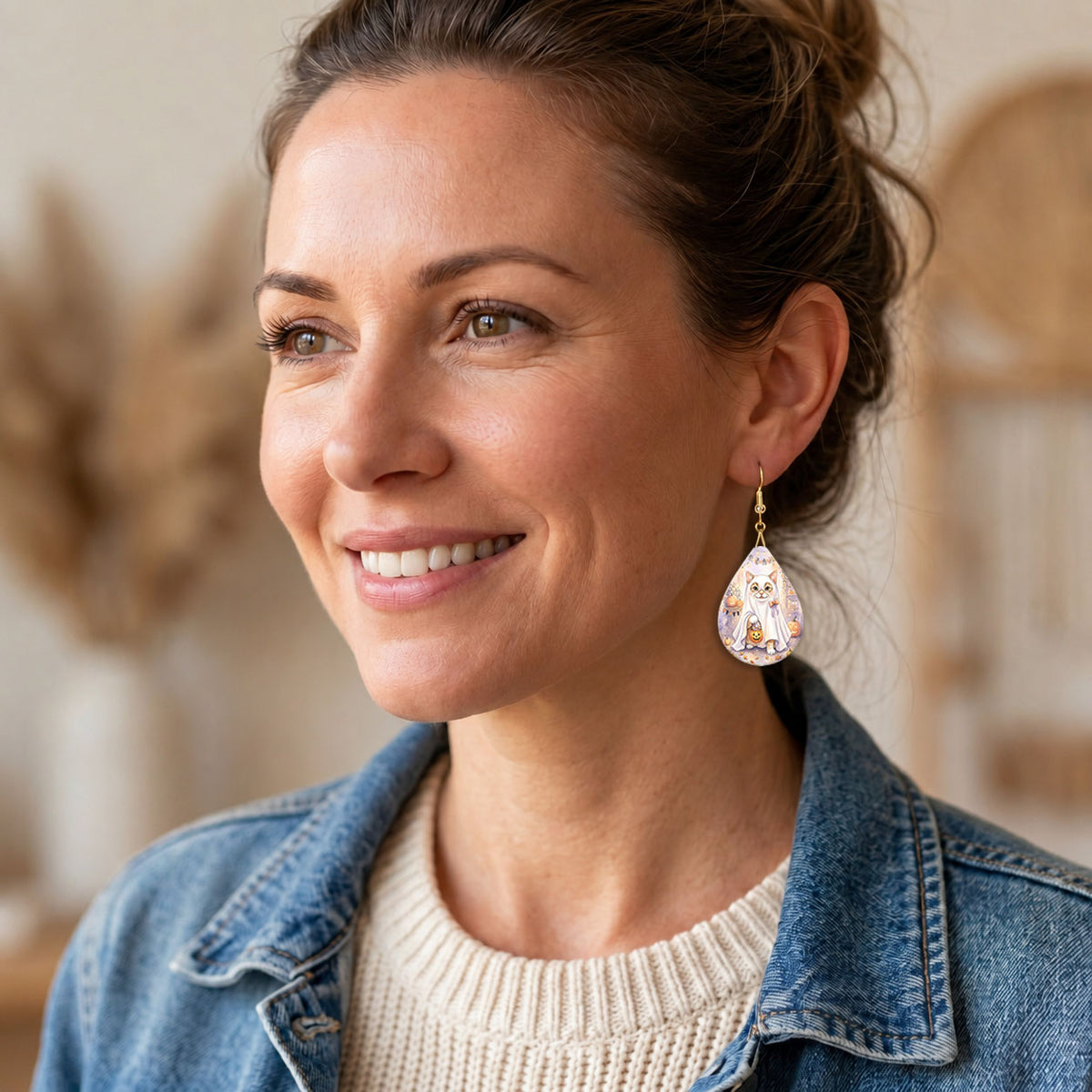 Model wearing White Cat ghost teardrop earrings with gold-tone hooks