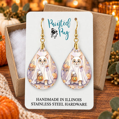White Cat ghost teardrop earrings gift boxed on a cozy fall background