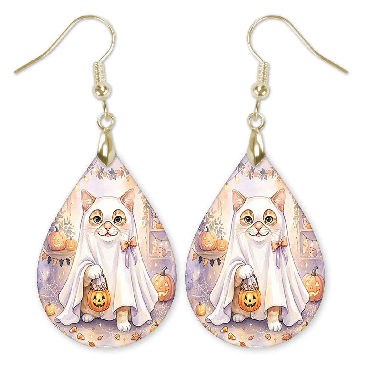 White Cat in a ghost costume with a candy bucket teardrop earrings with gold-tone hooks