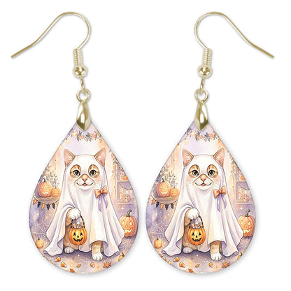 White Cat in a ghost costume with a candy bucket teardrop earrings with gold-tone hooks