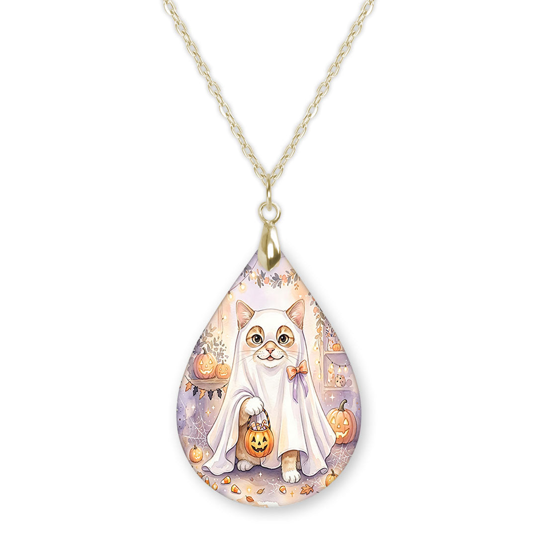 White Cat ghost teardrop pendant necklace on a gold-tone chain