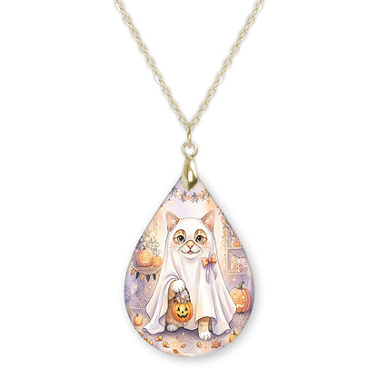 White Cat ghost teardrop pendant necklace on a gold-tone chain