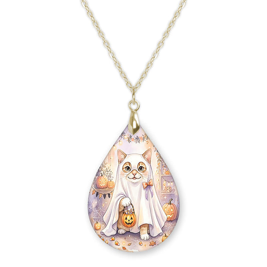 White Cat ghost teardrop pendant necklace on a gold-tone chain
