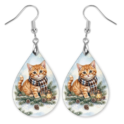 Tabby Cat Winter Woodland teardrop earrings with silver-tone hooks