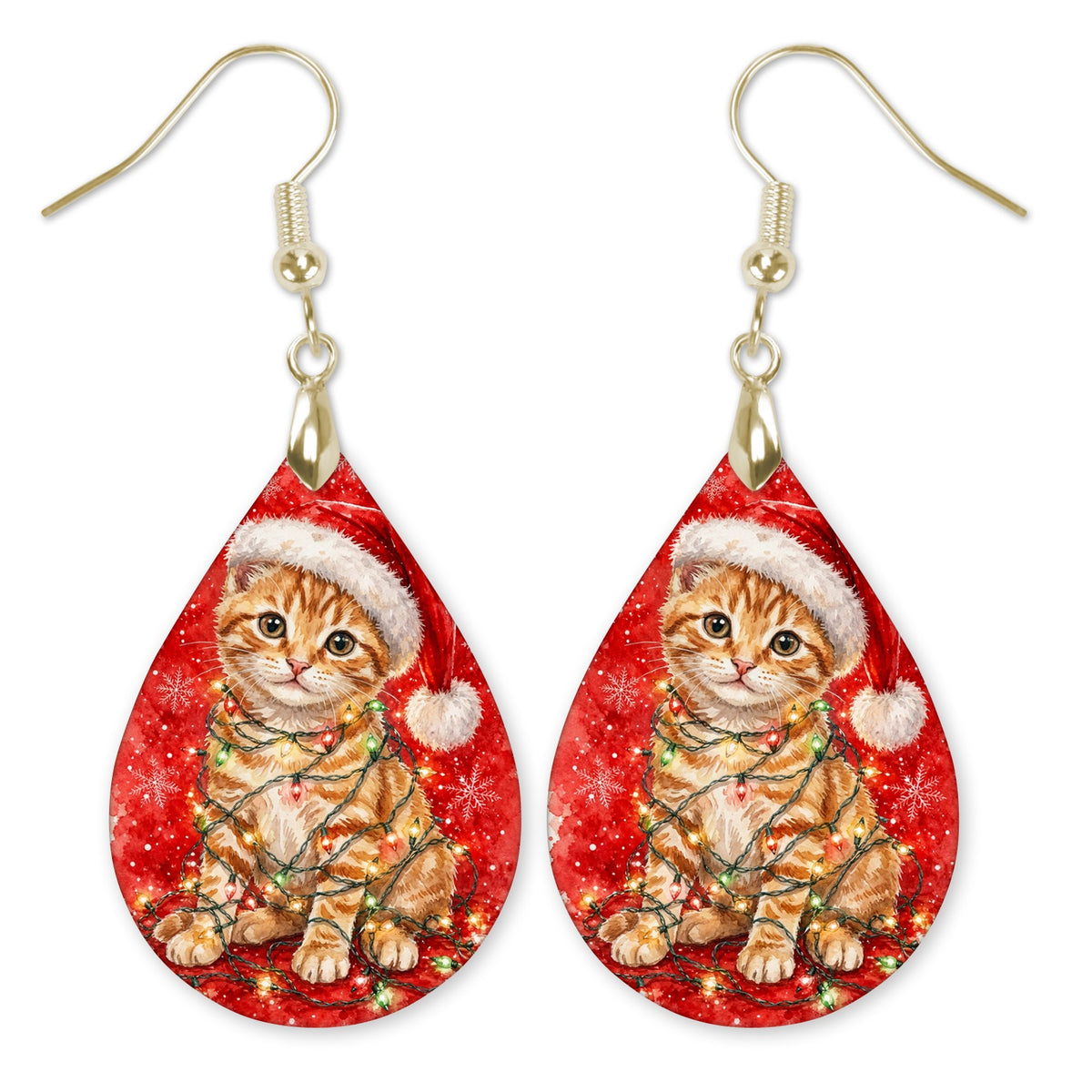 Tabby Cat Christmas Lights teardrop earrings with gold-tone hooks
