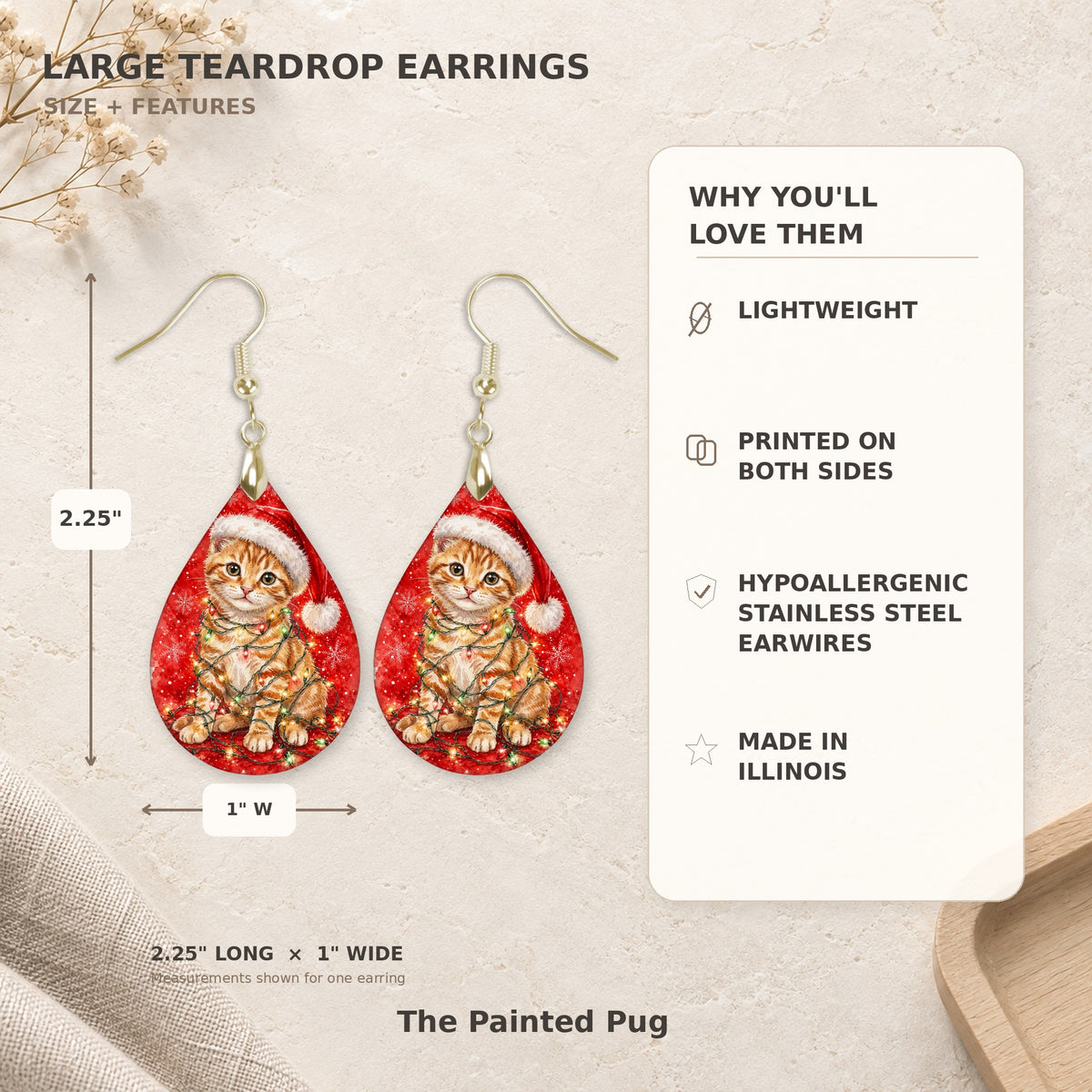 Earring size guide: 2.25 inches long with hook, 1 inch wide