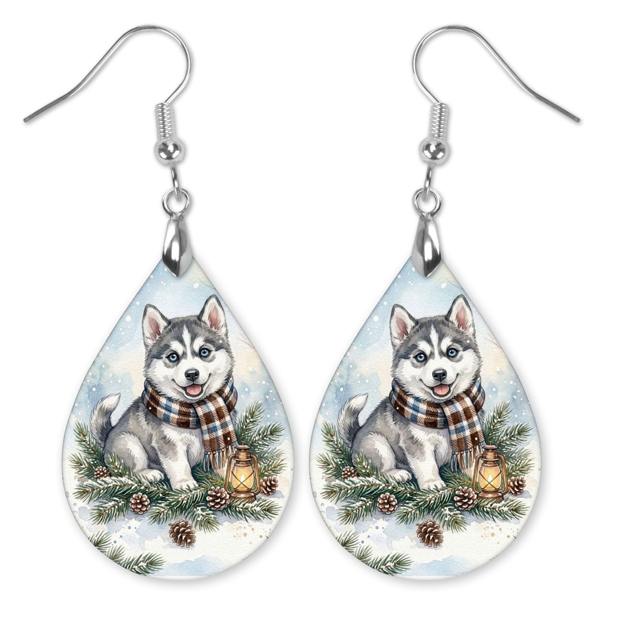 Husky Winter Woodland teardrop earrings with silver-tone hooks