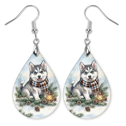 Husky Winter Woodland teardrop earrings with silver-tone hooks