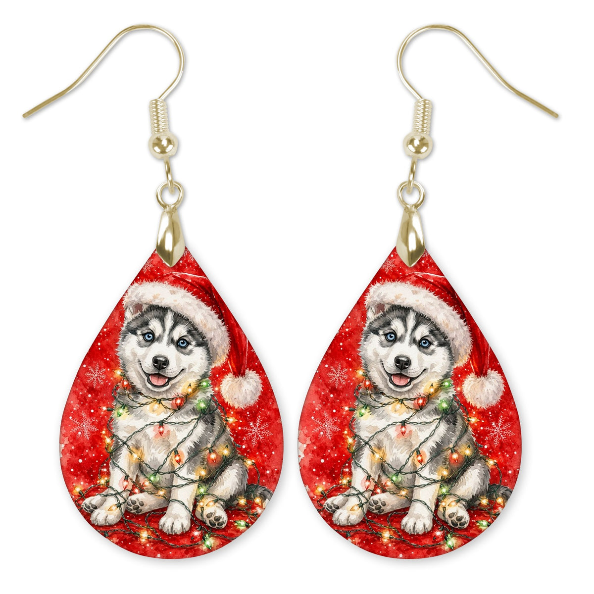 Husky Christmas Lights teardrop earrings with gold-tone hooks